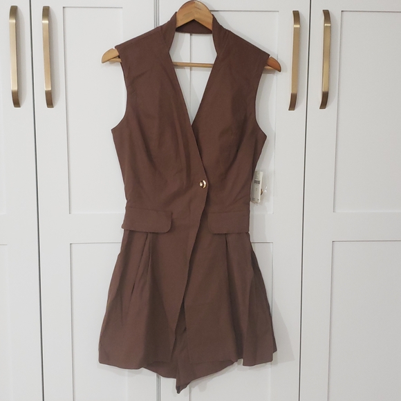 Anthropologie Linen Blend Sleeveless Vest Romper Womens S Brown Open Back - Picture 3 of 11